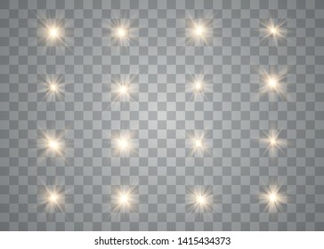 Set of golden glowing lights effects isolated on transparent background. Sun flash with rays and spotlight. Special effect isolated on transparent background.