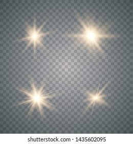Set of golden glowing lights effects isolated on transparent background. Sun flash with rays and spotlight. Glow light effect. Star burst.