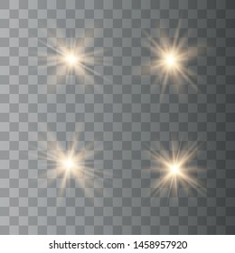 Set of golden glowing lights effects isolated on transparent background. Sun flash with rays and spotlight. Glow light effect.