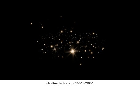 Conjunto de efectos luminosos dorados aislados sobre fondo transparente. El sol brilla con rayos y foco.Efecto luminoso. Estrella estalló de chispas.