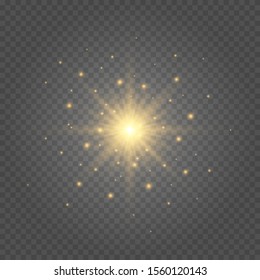 Set of Golden glowing lights effects isolated on transparent background. Flash of the sun with rays and searchlight. The glow effect. The star burst into brilliance.
