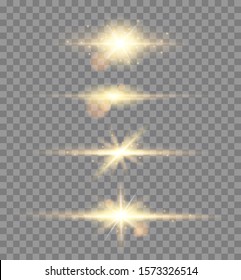 Set of golden glowing lights effects isolated on transparent background. Sun flash with rays and spotlight. Glow light effect. Star burst with sparkles.