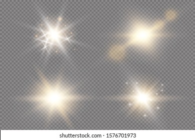 Set of golden glowing lights effects existing on a transparent background. A flash of sun with rays and spotlight. Glow effect. The star burst with brilliance.