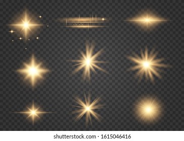 Set of golden glowing lights effects existing on a transparent background. Shine ray with lightning, sparkling round.  Bright gold flashes and glares. Bright rays of light. 