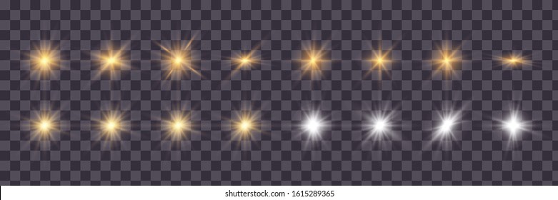 Set of golden glowing lights effects existing on a transparent background. A flash of sun with rays and spotlight. Glow effect. The star burst with brilliance.