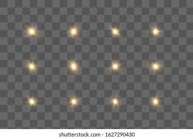 Set of golden glowing lights effects existing on a transparent background. A flash of sun with rays and spotlight. Glow effect. The star burst with brilliance.
