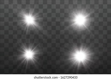 Set of golden glowing lights effects existing on a transparent background. A flash of sun with rays and spotlight. Glow effect. The star burst with brilliance.