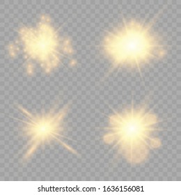 Set of golden glowing lights effects existing on a transparent background. A flash of sun with rays and spotlight. Glow effect. The star burst with brilliance.