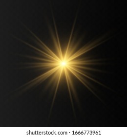 Set of Golden glowing lights effects isolated on transparent background. Flash of the sun with rays and searchlight. The glow effect. The star burst into brilliance.