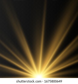 Set of Golden glowing lights effects isolated on transparent background. Flash of the sun with rays and searchlight. The glow effect. The star burst into brilliance.