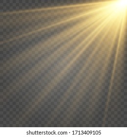 Set of Golden glowing lights effects isolated on transparent background. Flash of the sun with rays and searchlight. The glow effect. The star burst into brilliance.