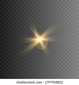 Set of Golden glowing lights effects isolated on transparent background. Flash of the sun with rays and searchlight. The glow effect. The star burst into brilliance.