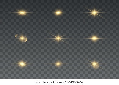 Set of golden glowing lights effects existing on a transparent background. A flash of sun with rays and spotlight. Glow effect. The star burst with brilliance.