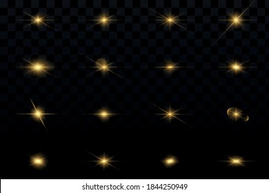 Conjunto de efectos luminosos dorados existentes en un fondo transparente. Un destello de sol con rayos y foco. Efecto brillante. La estrella estalló de alegría.