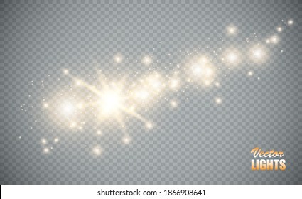 
Set of golden glowing lights effects isolated on transparent background. Flash of the sun with rays and a searchlight. Glow effect. The star burst with brilliance.