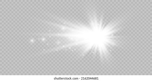 Set of golden glowing lights effects isolated on transparent background. Solar flare with beams and spotlight. Glow effect. Starburst with sparkles.
