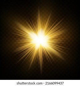 Set of golden glowing lights effects isolated on transparent background. Sun flash with rays and spotlight. Glow light effect. Star burst with sparkles.

