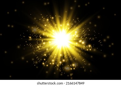 Conjunto de efectos luminosos dorados aislados sobre un fondo transparente. El sol brilla con rayos y foco. Efecto luminoso. Las estrellas arden de chispas.