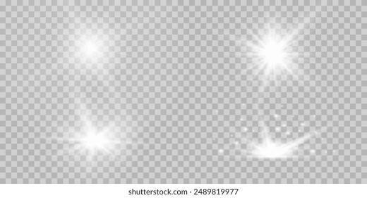 Conjunto de efectos de luces brillantes doradas aisladas sobre fondo transparente. Destello solar con rayos y foco. Efecto de luz brillante. Estrella estalló con destellos.