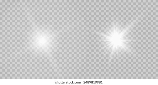 Set of golden glowing lights effects isolated on transparent background. Sun flash with rays and spotlight. Glow light effect. Star burst with sparkles.