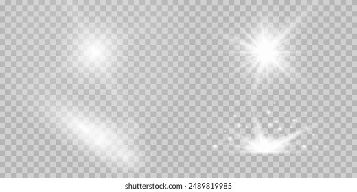 Conjunto de efectos de luces brillantes doradas aisladas sobre fondo transparente. Destello solar con rayos y foco. Efecto de luz brillante. Estrella estalló con destellos.