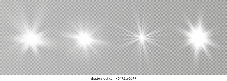 Set of golden glowing lights effects isolated on transparent background. Sun flash with rays and spotlight. Glow light effect. Star burst with sparkles.