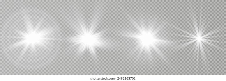 Set of golden glowing lights effects isolated on transparent background. Sun flash with rays and spotlight. Glow light effect. Star burst with sparkles.