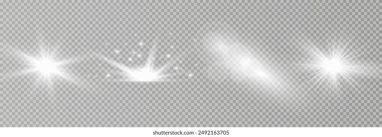 Set of golden glowing lights effects isolated on transparent background. Sun flash with rays and spotlight. Glow light effect. Star burst with sparkles.