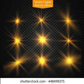 Set of golden glowing lights effects isolated on transparent background. Sun flash with rays and spotlight.