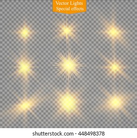 Set of golden glowing lights effects isolated on transparent background. Sun flash with rays and spotlight.
