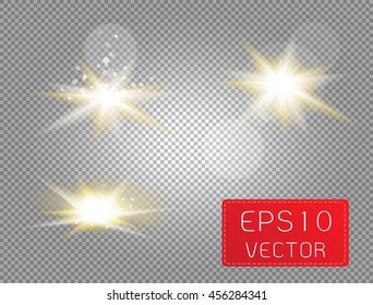 Set of golden glowing lights effects isolated on transparent background.