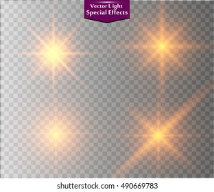Set of golden glowing lights effects isolated on transparent background. Sun flash with rays and spotlight. Glow light effect. Star burst with sparkles.