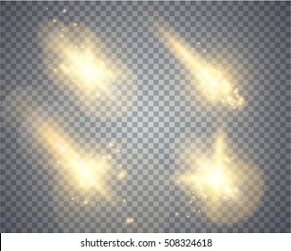 Set of golden glowing lights effects isolated on transparent background, abstract magic Illustration