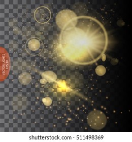 Set of golden glowing lights effects isolated on transparent background. Sun flash with rays and spotlight. Glow light effect. Star burst with sparkles.