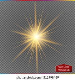 Set of golden glowing lights effects isolated on transparent background. Sun flash with rays and spotlight. Glow light effect. Star burst with sparkles.