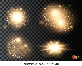 Set Of Golden Glowing Lights Effects Isolated On Transparent Background. Glow Light Effect. Star Burst With Sparkles. EPS10