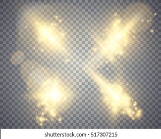 Set of golden glowing lights effects isolated on transparent background, abstract magic Illustration