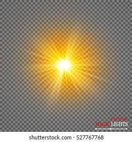 Set of golden glowing lights effects isolated on transparent background. Sun flash with rays and spotlight. Glow light effect. Star burst with sparkles.
