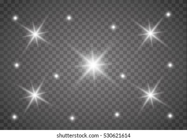Set of golden glowing lights effects isolated on transparent background. Sun flash with rays and spotlight. Glow light effect. Star burst with sparkles.