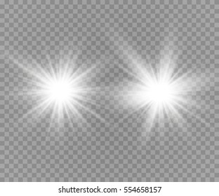 Set of golden glowing lights effects isolated on transparent background. Sun flash with rays and spotlight. Glow light effect. Star burst with sparkles.
