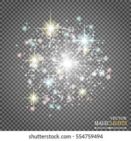 Set of golden glowing lights effects isolated on transparent background. Sun flash with rays and spotlight. Glow light effect. Star burst with sparkles.
The colors