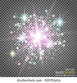 Set of golden glowing lights effects isolated on transparent background. Sun flash with rays and spotlight. Glow light effect. Star burst with sparkles.The colors
