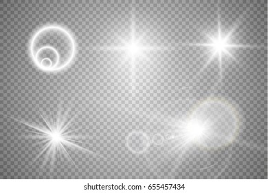 Set of golden glowing lights effects isolated on transparent background. Sun flash with rays and spotlight. Glow light effect. Star burst with sparkles.

