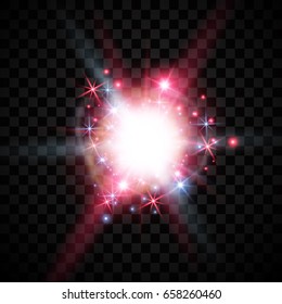 Set of golden glowing lights effects isolated on transparent background. Sun flash with rays and spotlight. Glow light effect. Star burst with sparkles.