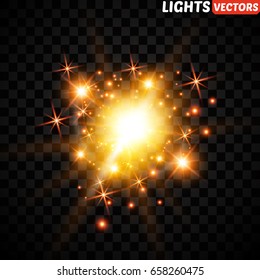 Set of golden glowing lights effects isolated on transparent background. Sun flash with rays and spotlight. Glow light effect. Star burst with sparkles.