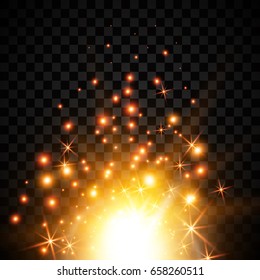 Set of golden glowing lights effects isolated on transparent background. Sun flash with rays and spotlight. Glow light effect. Star burst with sparkles.