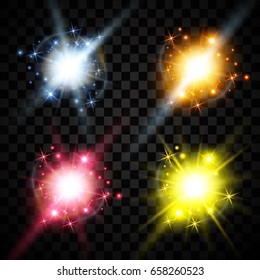 Set of golden glowing lights effects isolated on transparent background. Sun flash with rays and spotlight. Glow light effect. Star burst with sparkles.