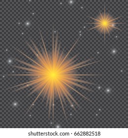 Set of golden glowing lights effects isolated on transparent background. Sun flash with rays and spotlight. Glow light effect. Star burst with sparkles.