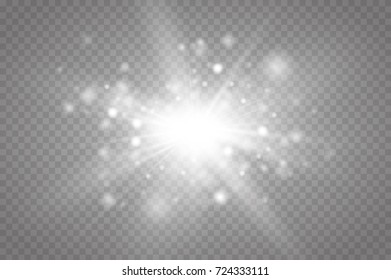 Set of golden glowing lights effects isolated on transparent background. Sun flash with rays and spotlight. Glow light effect. Star burst with sparkles.