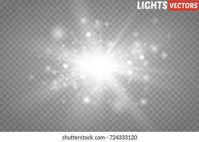 Set of golden glowing lights effects isolated on transparent background. Sun flash with rays and spotlight. Glow light effect. Star burst with sparkles.